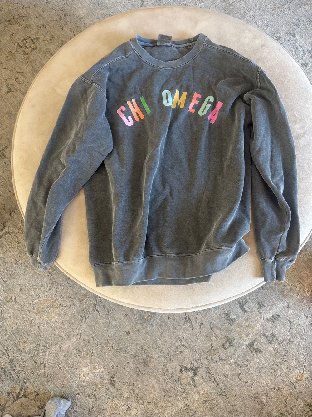 Omega Gray Crewneck Sweatshirt with Multicolor Chi Omega Letters